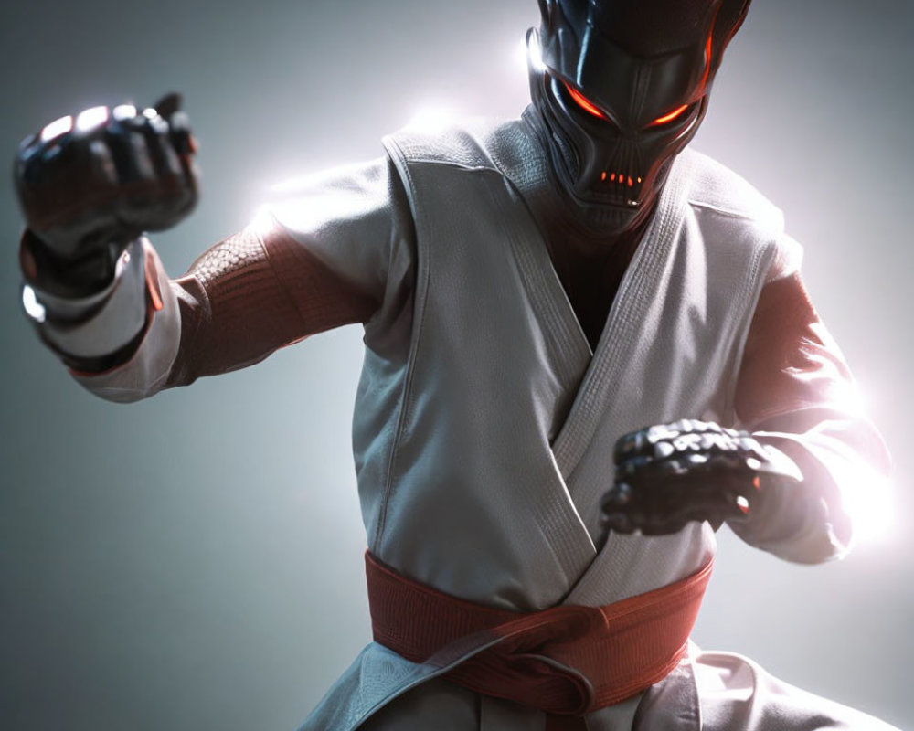 Stylized figure in karate gi with red belt and oni mask in dramatic pose