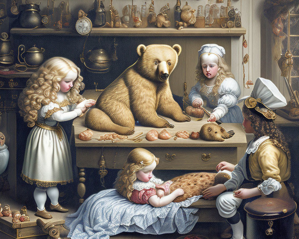 Whimsical illustration of human-sized bears and elegantly dressed children in a cozy kitchen