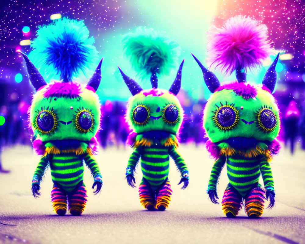 Colorful Neon Plush Creatures with Striped Bodies and Fluffy Hair