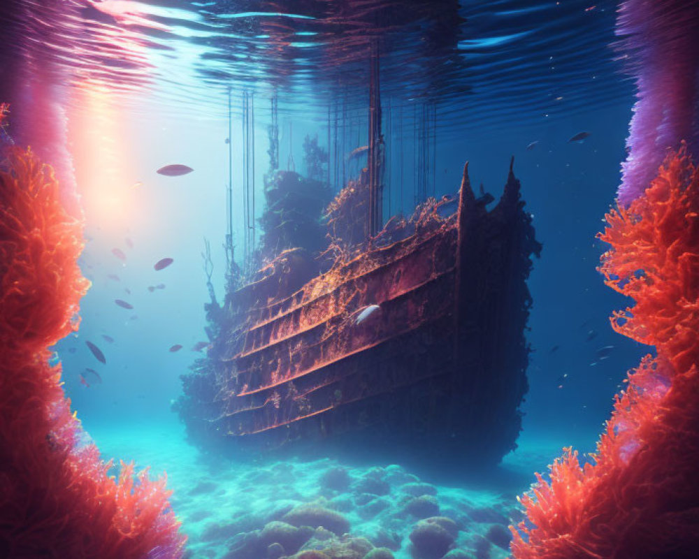 Ancient shipwreck in coral reef under sunlight