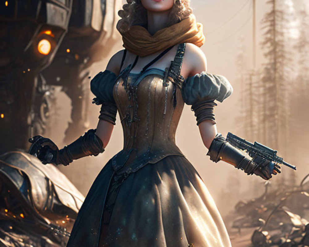 Futuristic steampunk woman in curious pose with mechanical backdrop