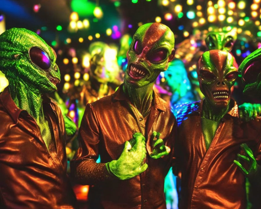 Four people in alien costumes at vibrant party with colorful lights