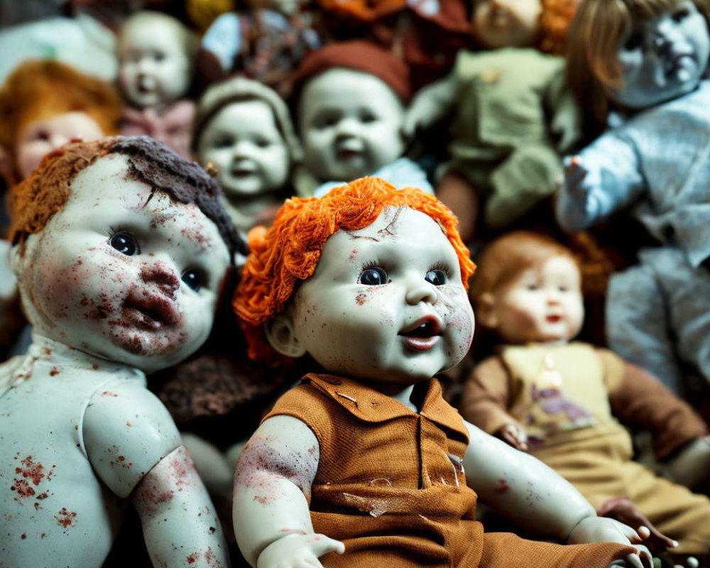 Assorted weathered dolls with varied expressions and clothing