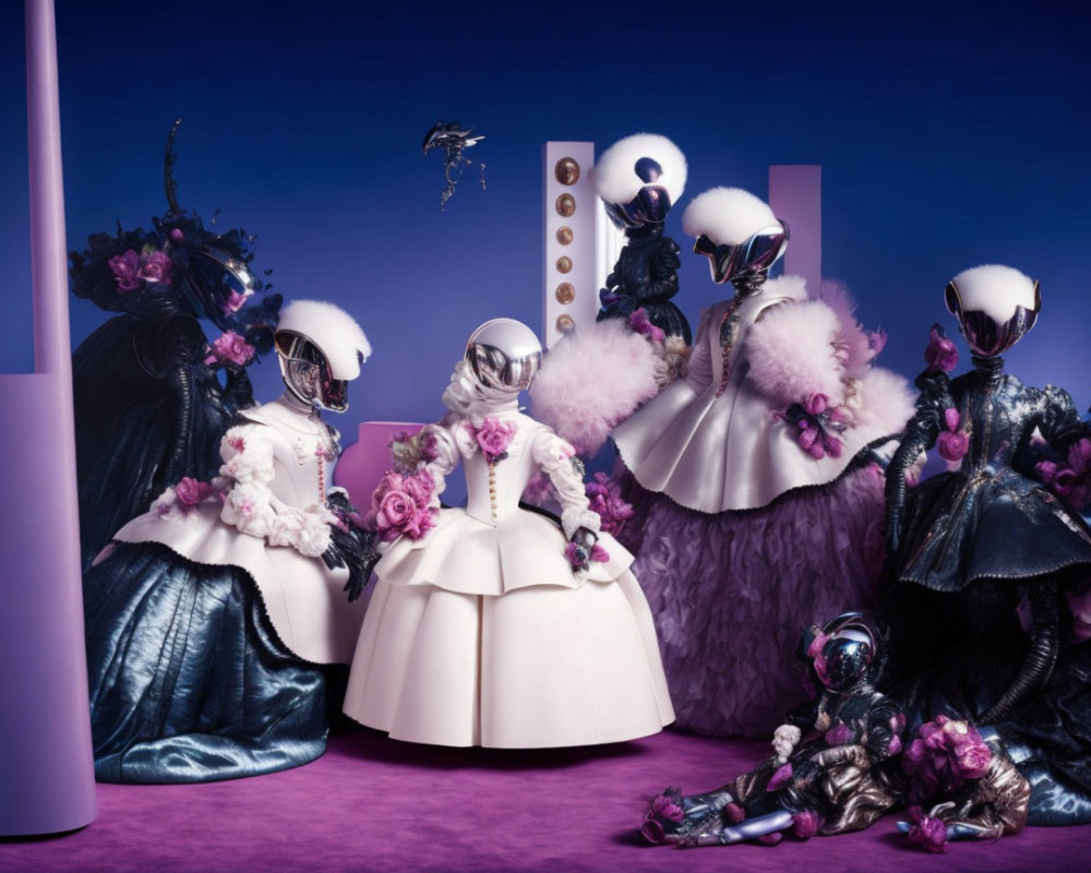 Futuristic fashion presentation with models in avant-garde outfits and masks on purple backdrop.