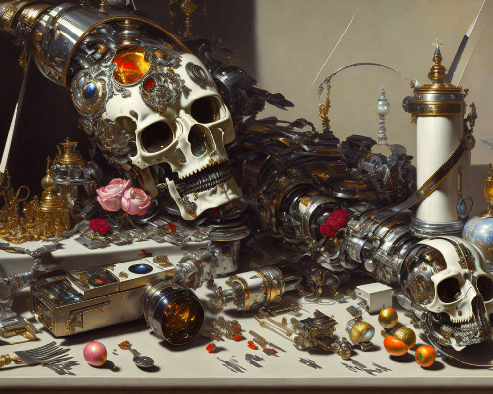 Robotic skull with metallic artifacts, roses, fruits, and mechanical parts in classical still life.