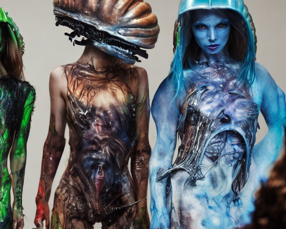 Extravagant Body Paint and Sci-Fi Headgear on Three Individuals