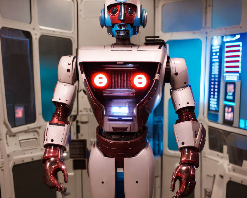 Red and White Humanoid Robot in Futuristic Spacecraft Interior