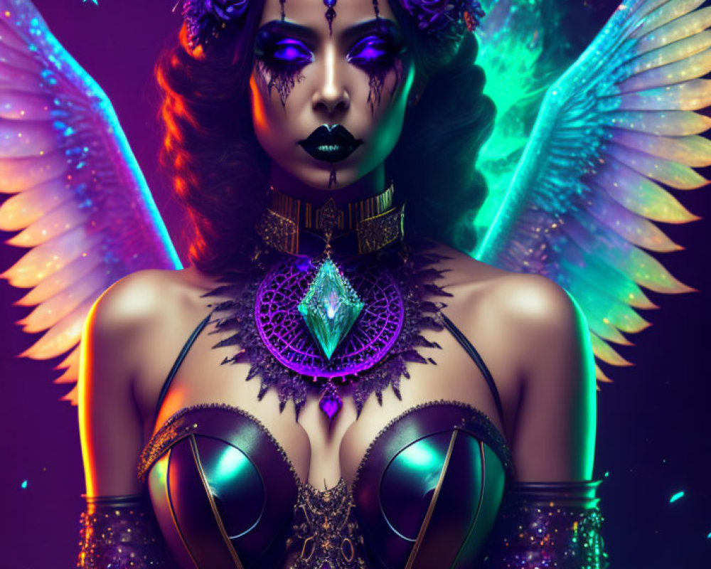 Iridescent winged female figure with vibrant makeup and cosmic background