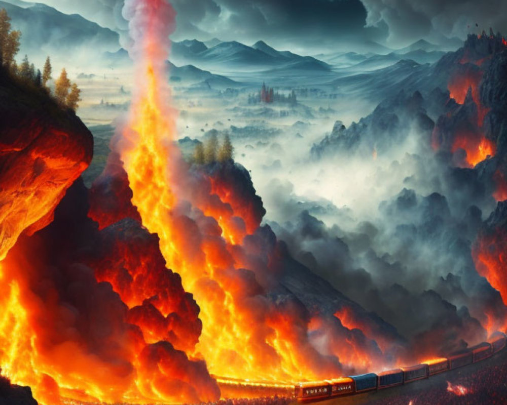 Illustration of erupting volcano with lava, train, full moon, clouds, and crowd.