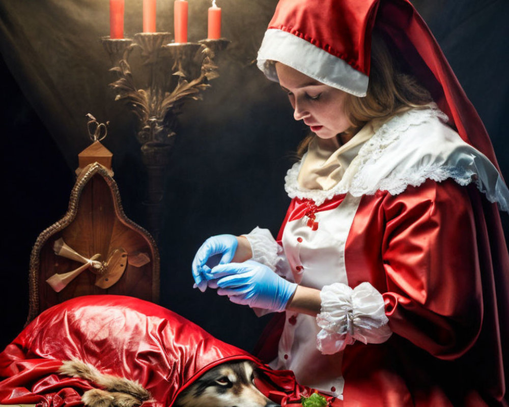 Woman in Santa Costume Caring for Dog with Candles and Violin Background