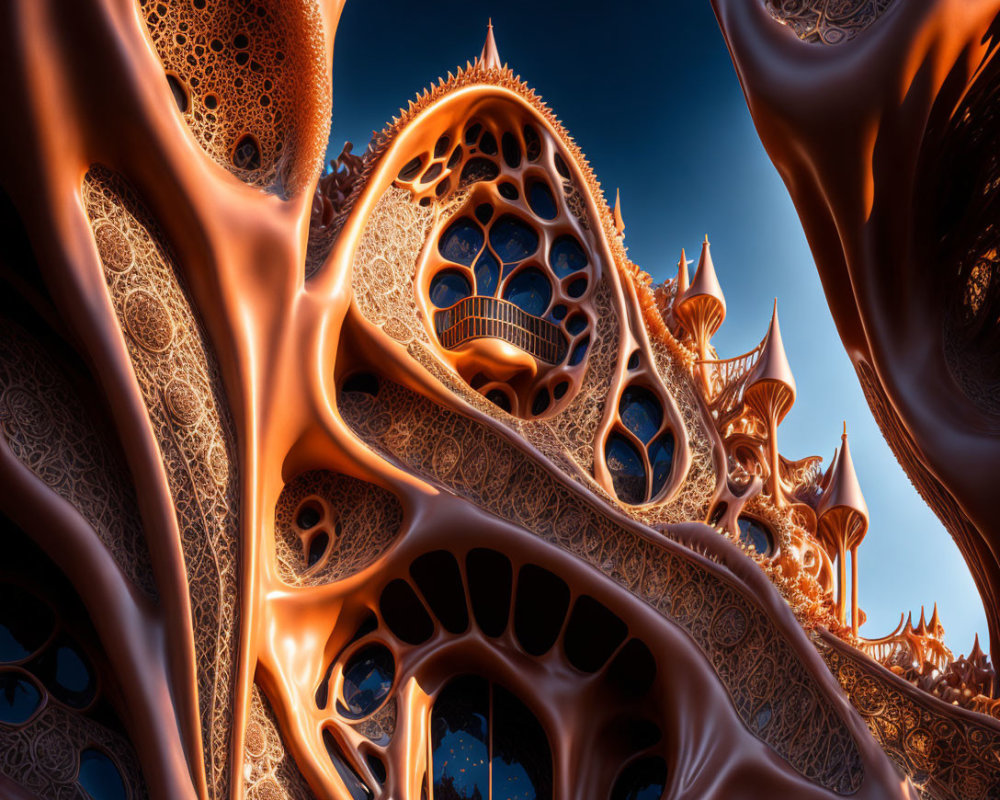 Intricate Orange Fractal Patterns on Blue Sky