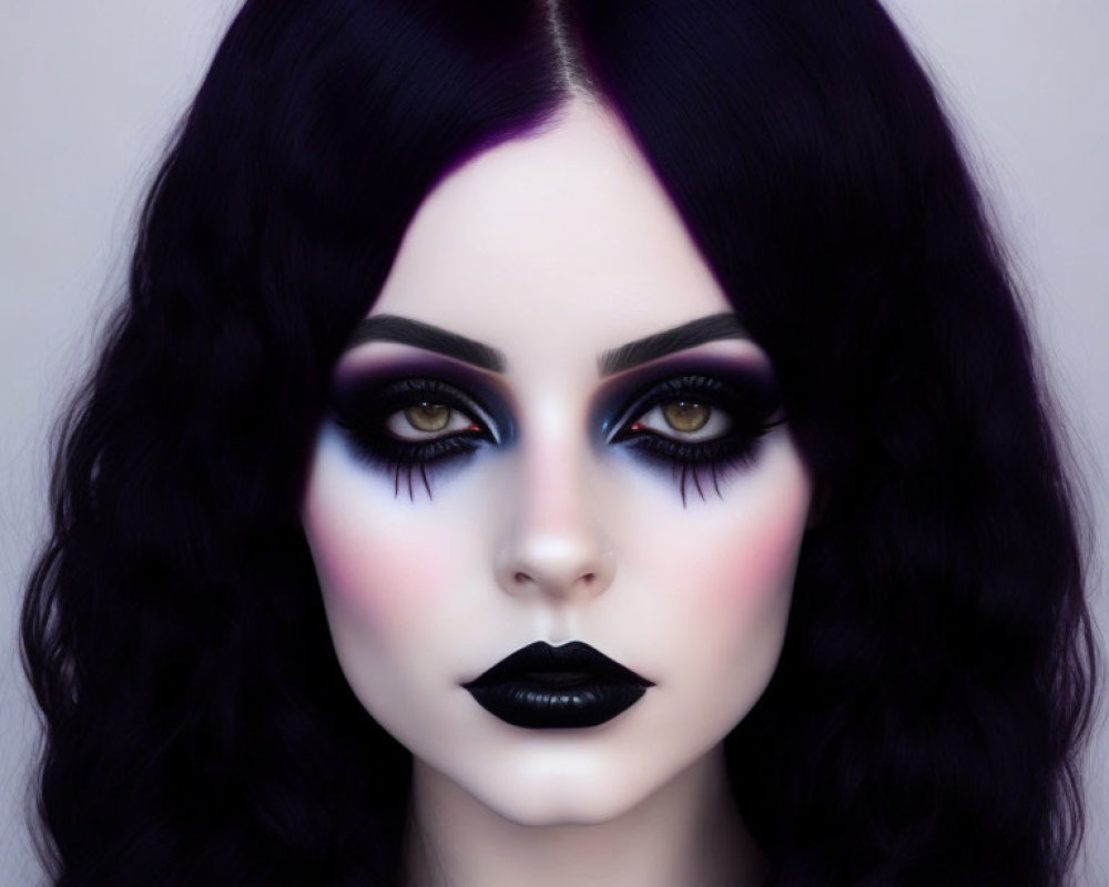 Dark Purple Lipstick, Smokey Eye Shadow, Yellow Highlights, Purple Hair Part, Black Waves