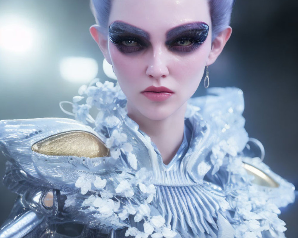 Female character with violet hair in futuristic armor and floral details