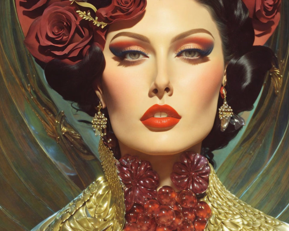 Woman with Dramatic Makeup, Red Flowers, Golden Attire, and Red Bead Necklace