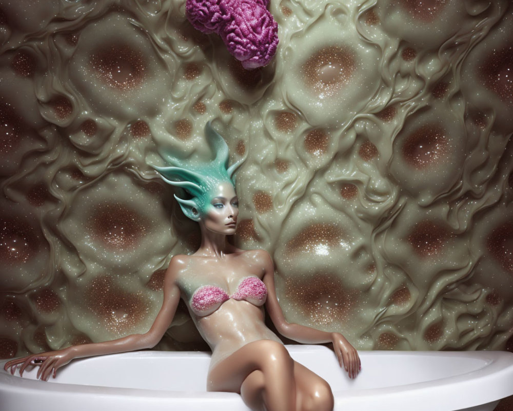 Teal-skinned woman in bathtub with cosmic background and floating pink brain.