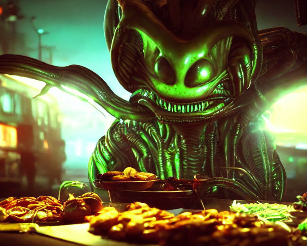 Green creature with glowing eyes at exotic food stall in neon glow