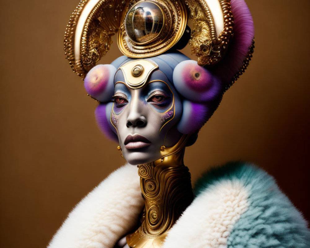 Futuristic female figure with robotic headpiece and golden features