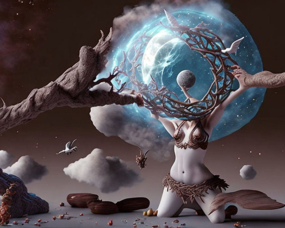 Surreal landscape with woman, tree branch arms, celestial orb, floating rocks, and bird.