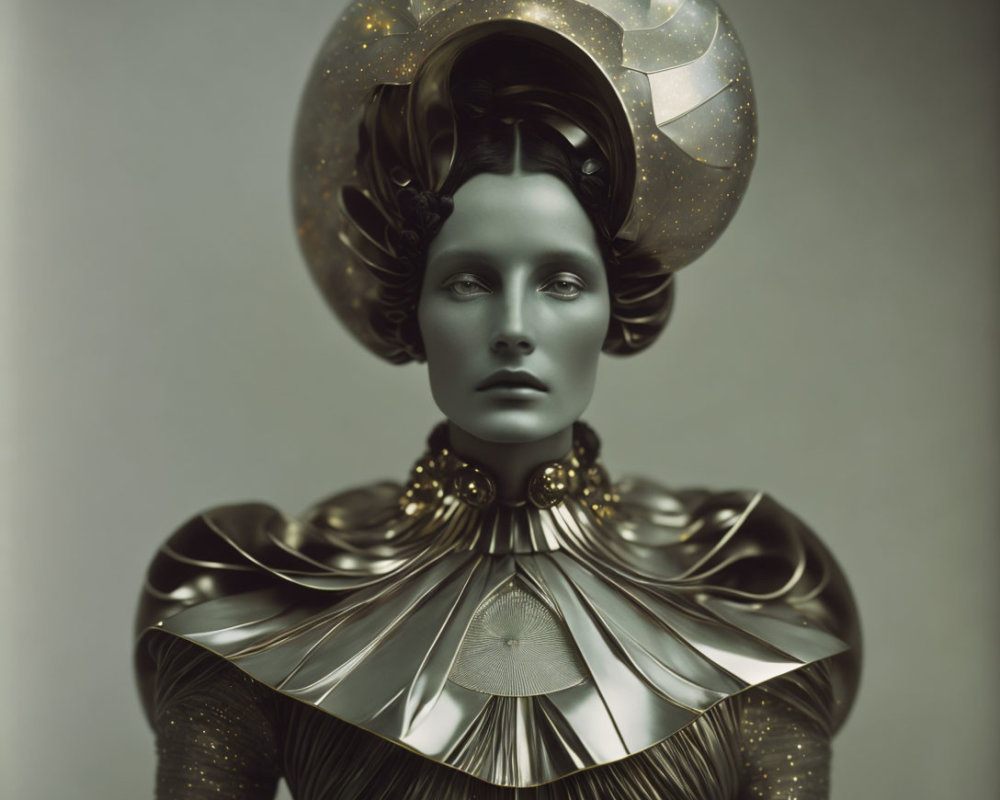 Surreal metallic sculpture of woman with ornate headdress and elaborate shoulders