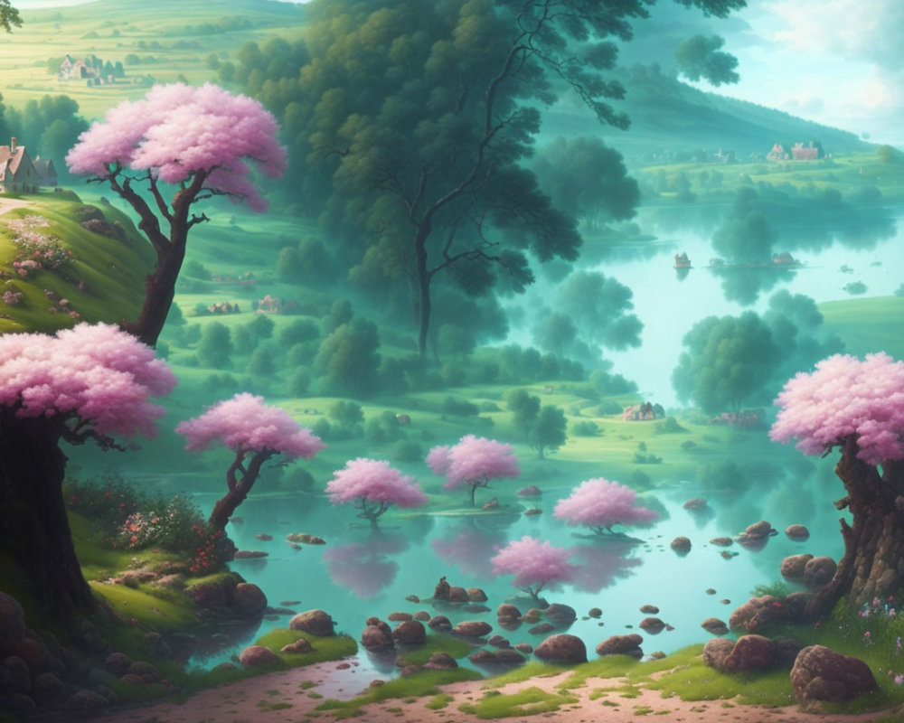 Tranquil landscape with pink flowering trees, calm river, rolling hills, and misty ambiance