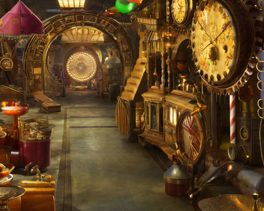 Steampunk interior with clocks, gears, and colorful balloons