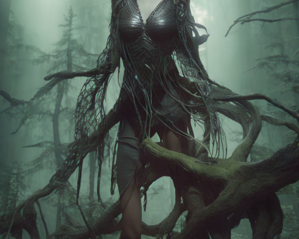 Mysterious Woman in Dark Outfit in Foggy Forest