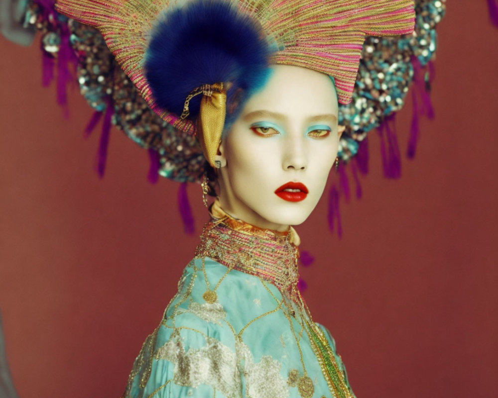 Avant-garde makeup and headpiece on model against red backdrop