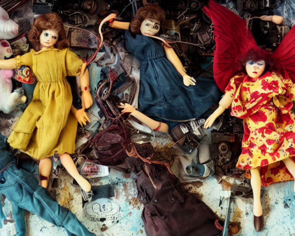 Vintage dolls and trinkets on blue backdrop: eerie cluttered tableau