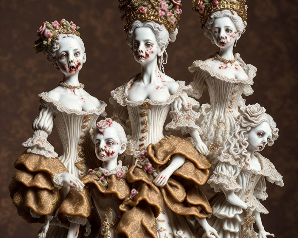 Four ornate skeletal figures in vintage-style gowns with gold and white colors.