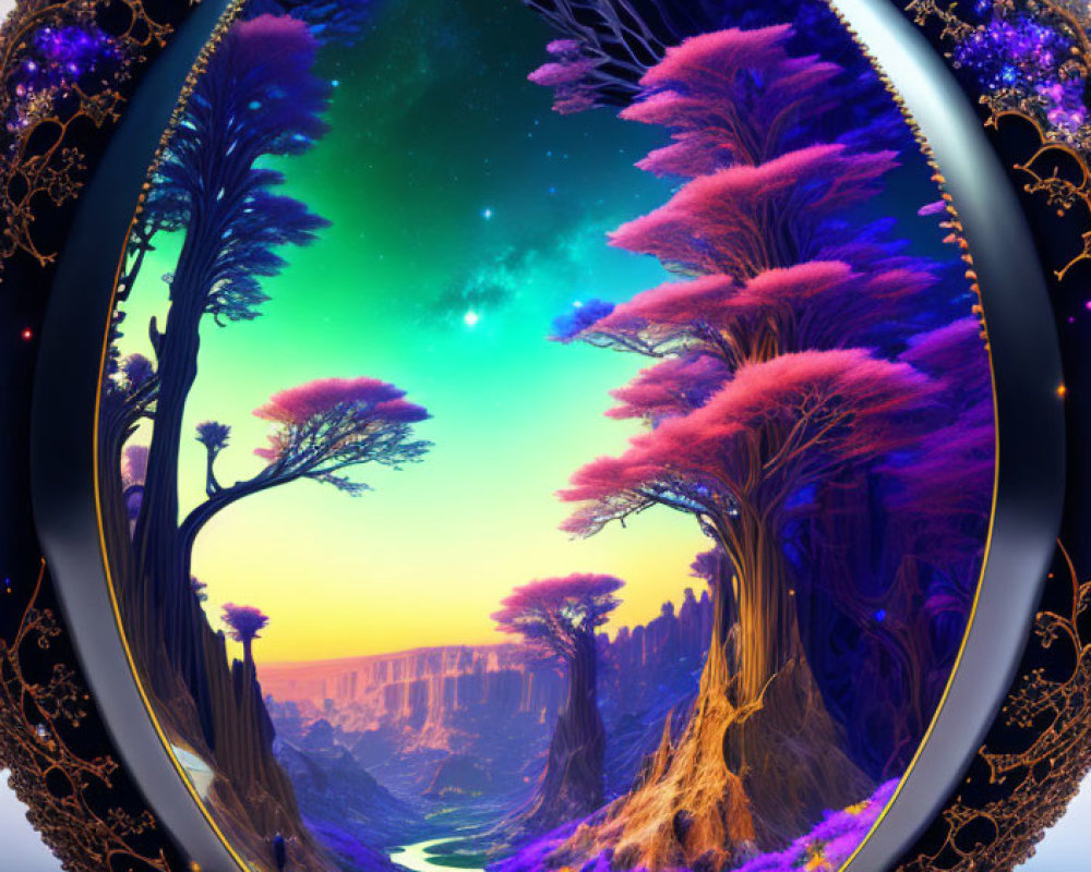 Colorful fantasy landscape with purple foliage, alien trees, starry sky, and river in canyon