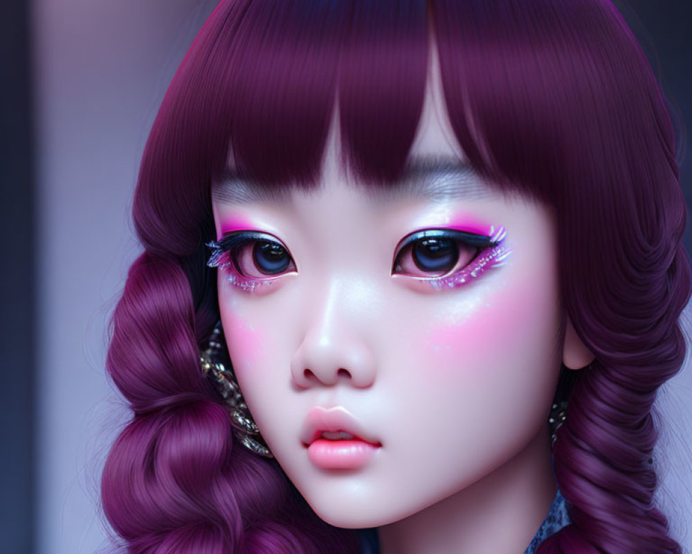 Digital portrait of girl with expressive eyes, purple braided hair, and pink makeup