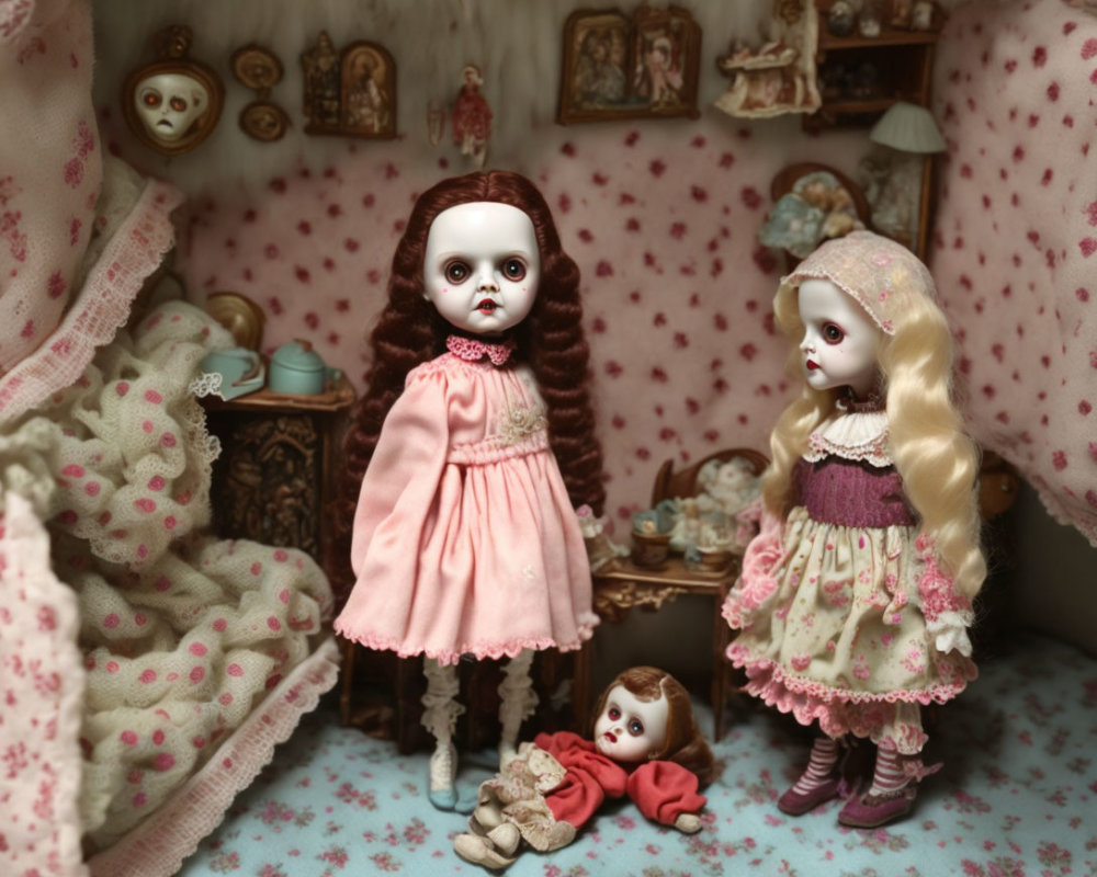 Vintage-Style Dolls in Ornate Dollhouse with Eerie Atmosphere