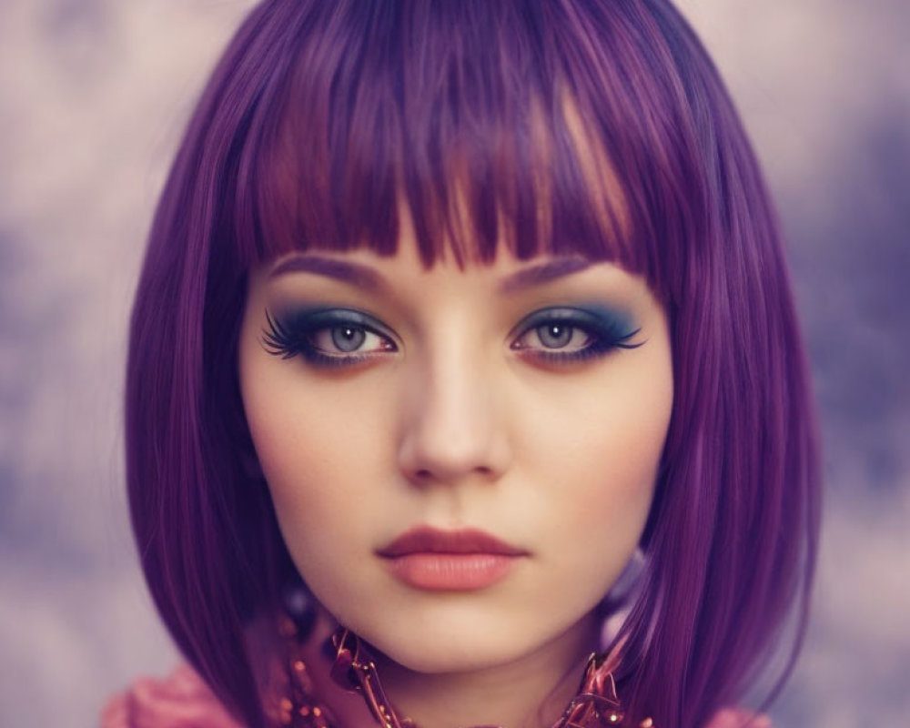 Portrait of Woman with Purple Hair and Blue Eyes in Makeup and Gold Necklace