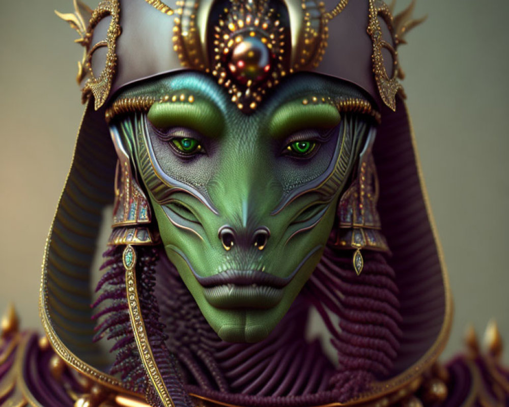 Detailed digital portrait of green-skinned alien with golden eyes and ornate purple and gold headgear.