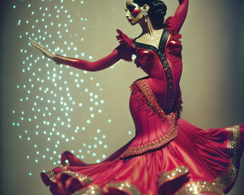 Stylized image of woman in red flamenco dress with fan and sparkling background