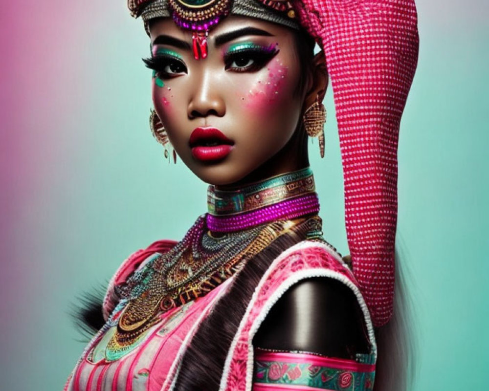 Ornate Headdress and Traditional Makeup in Vibrant Pink Tones