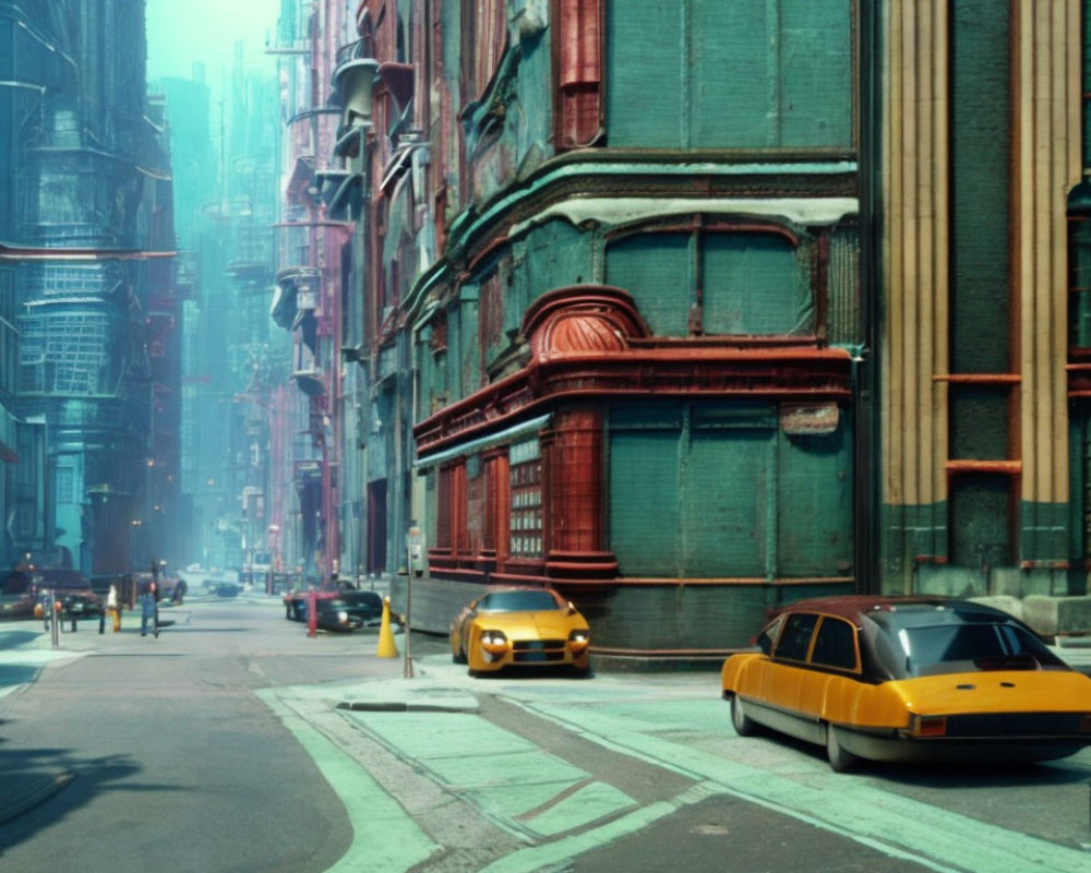 Desolate city street with retro-futuristic cars and old buildings under overcast sky