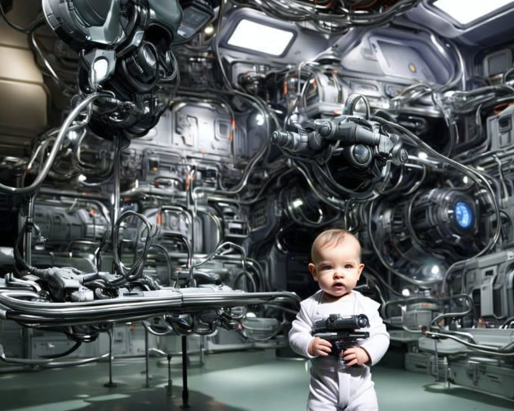 Baby in White Suit in Futuristic Room with Robotic Arms