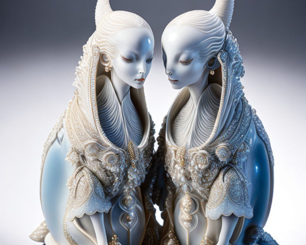 Pair of horned figurines with intricate detailing symbolizing symbiosis.