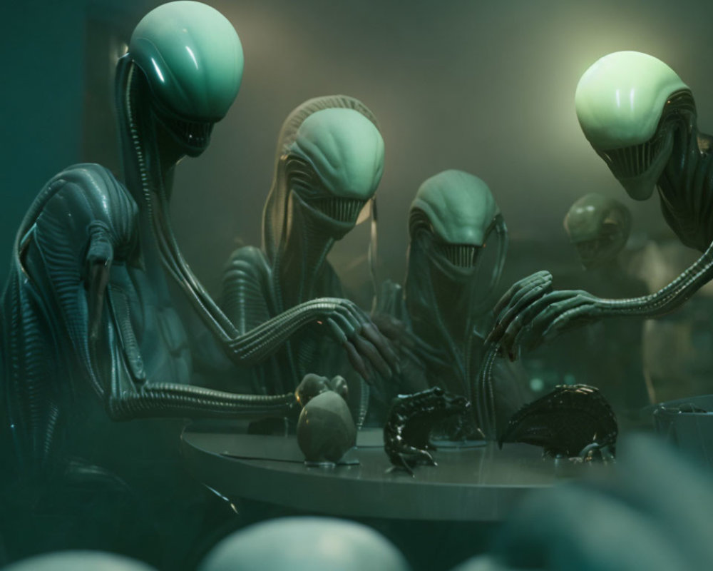 Elongated-headed alien creatures in dimly lit room gathered around a table