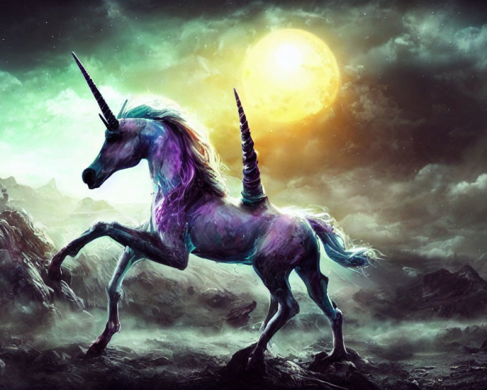 Majestic unicorn with purple mane on rocky landscape under dramatic sky