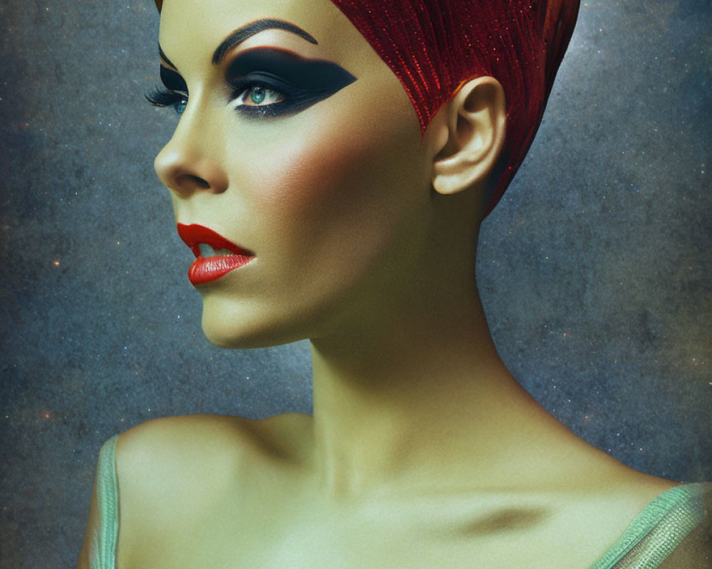 Red-haired woman with sleek updo and bold makeup on textured background