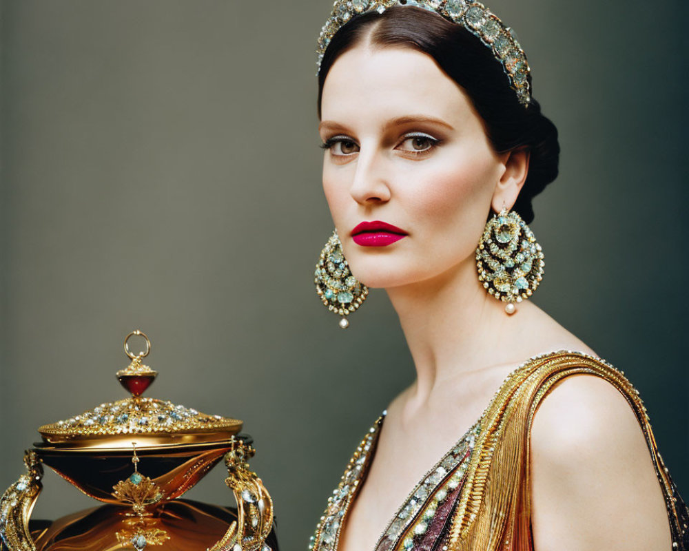 Elegant woman in jeweled headpiece and gold dress holding trophy