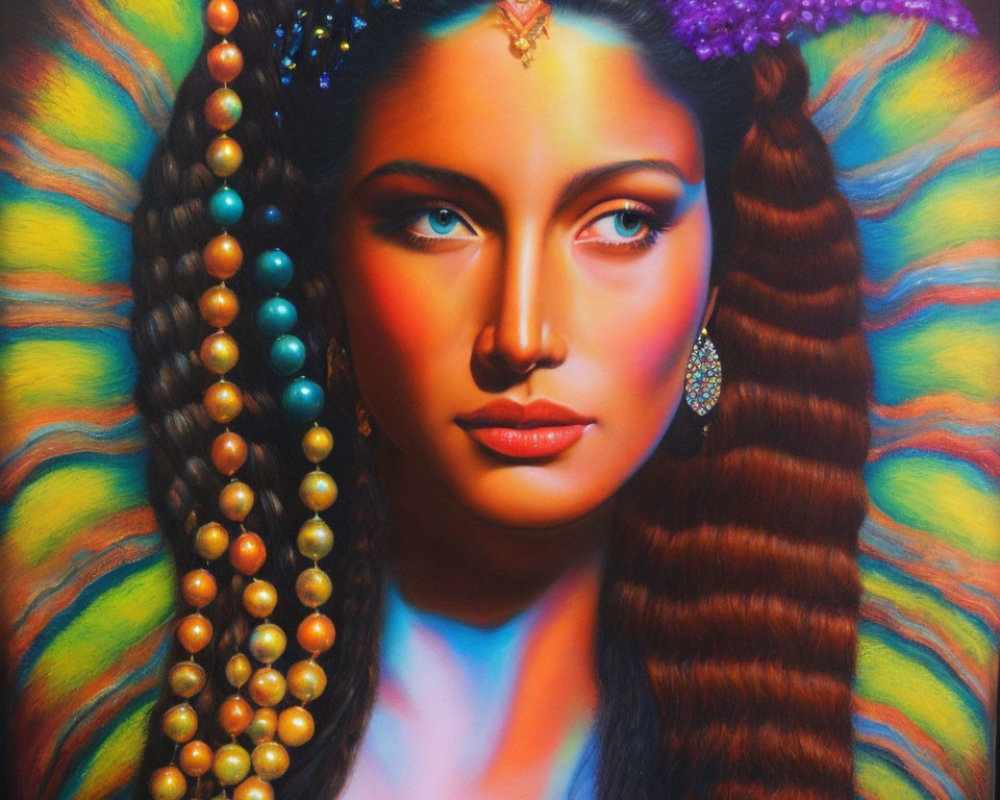 Colorful painting of woman with beaded hair and blue dress in rainbow aura