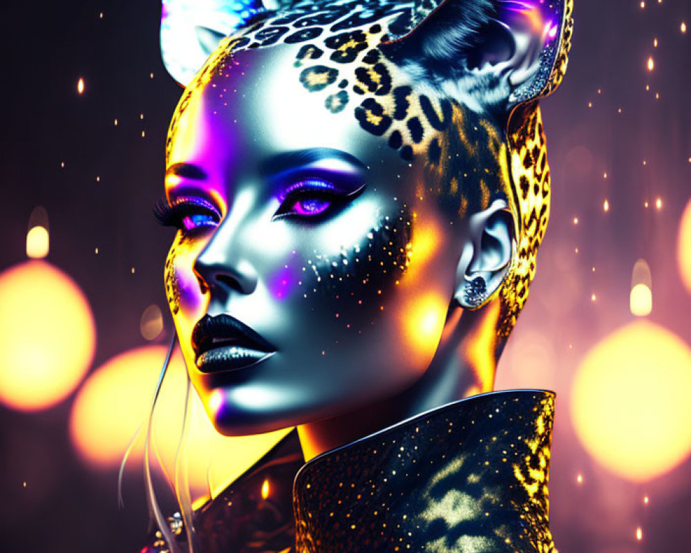 Digital Art: Woman's Face with Leopard Features on Bokeh Background