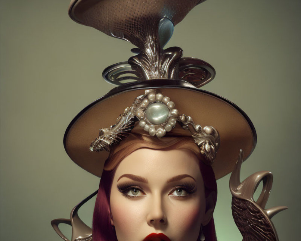 Surreal headdress portrait of a woman with metallic elements