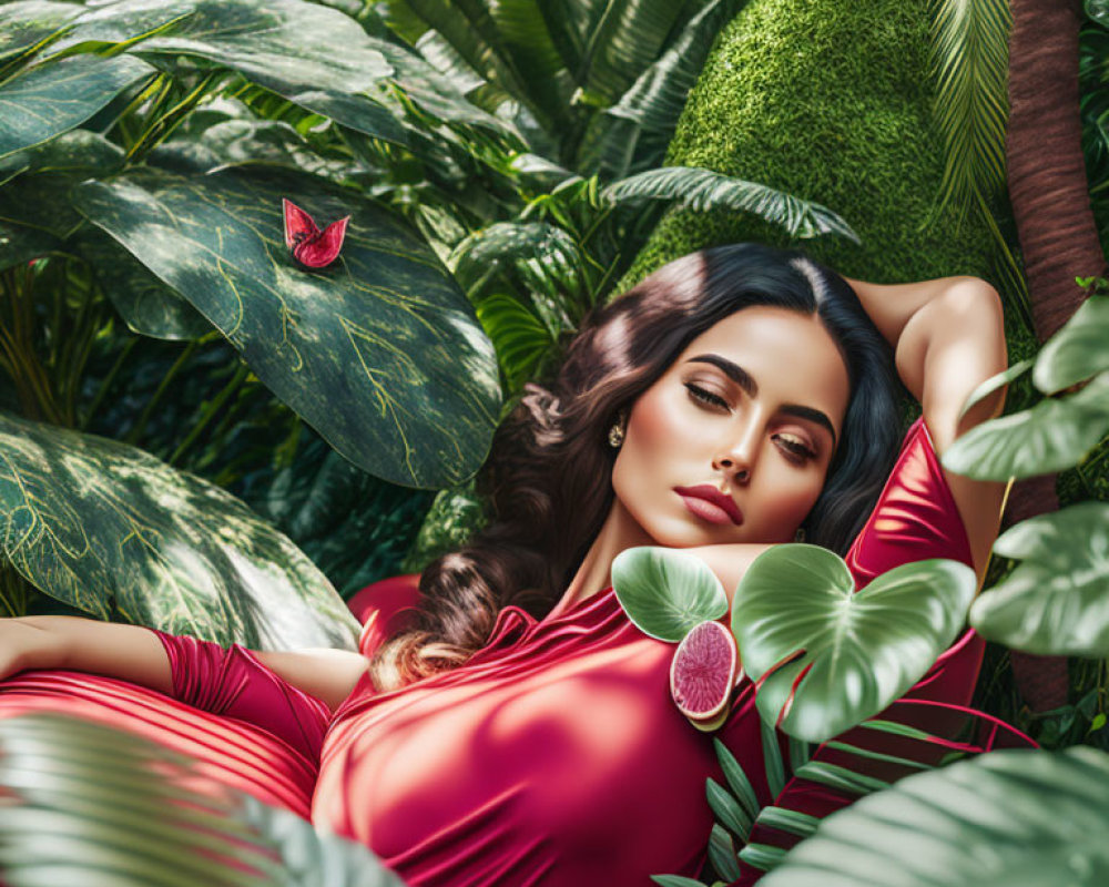 Woman in Red Dress Resting Among Lush Green Foliage