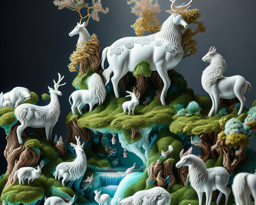 Fantastical landscape with white ornate deer-like creatures in lush greenery