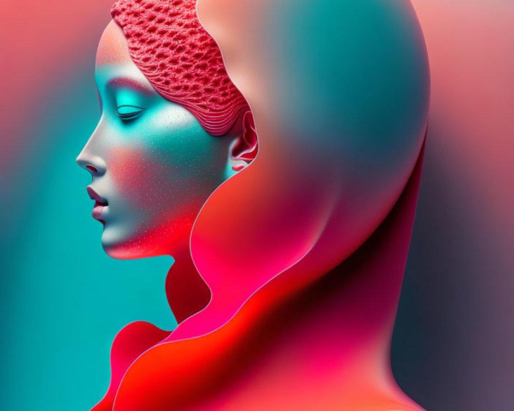 Vibrant surreal portrait of a woman with flowing contours in blue and red hues