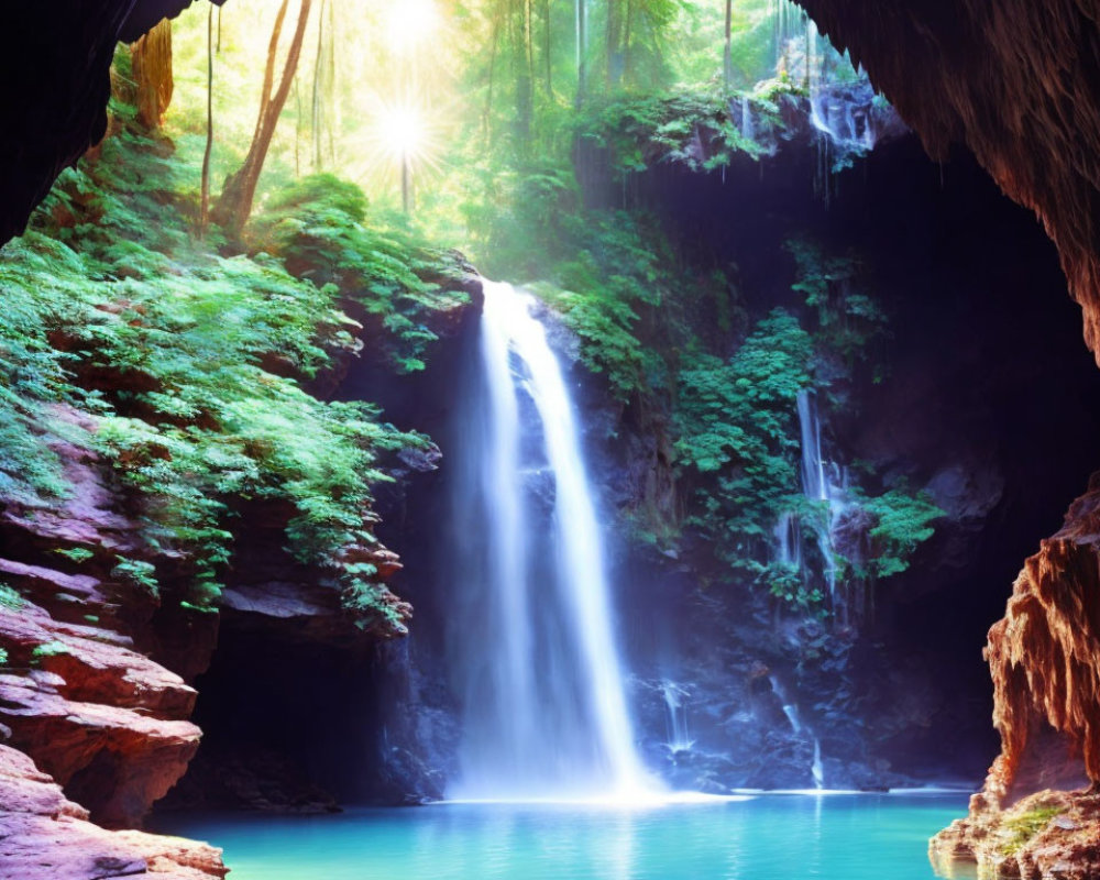 Tranquil waterfall in sunlit cave with blue pool